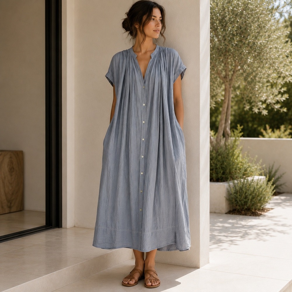 Pas de Calais Japan Button Front Dress Womens 36 Blue Tencel Linen Pleated